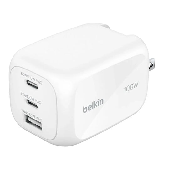 Adaptador Belkin GaN de 3 Puertos (2 USB-C/1 USB-A) 100W - Blanco