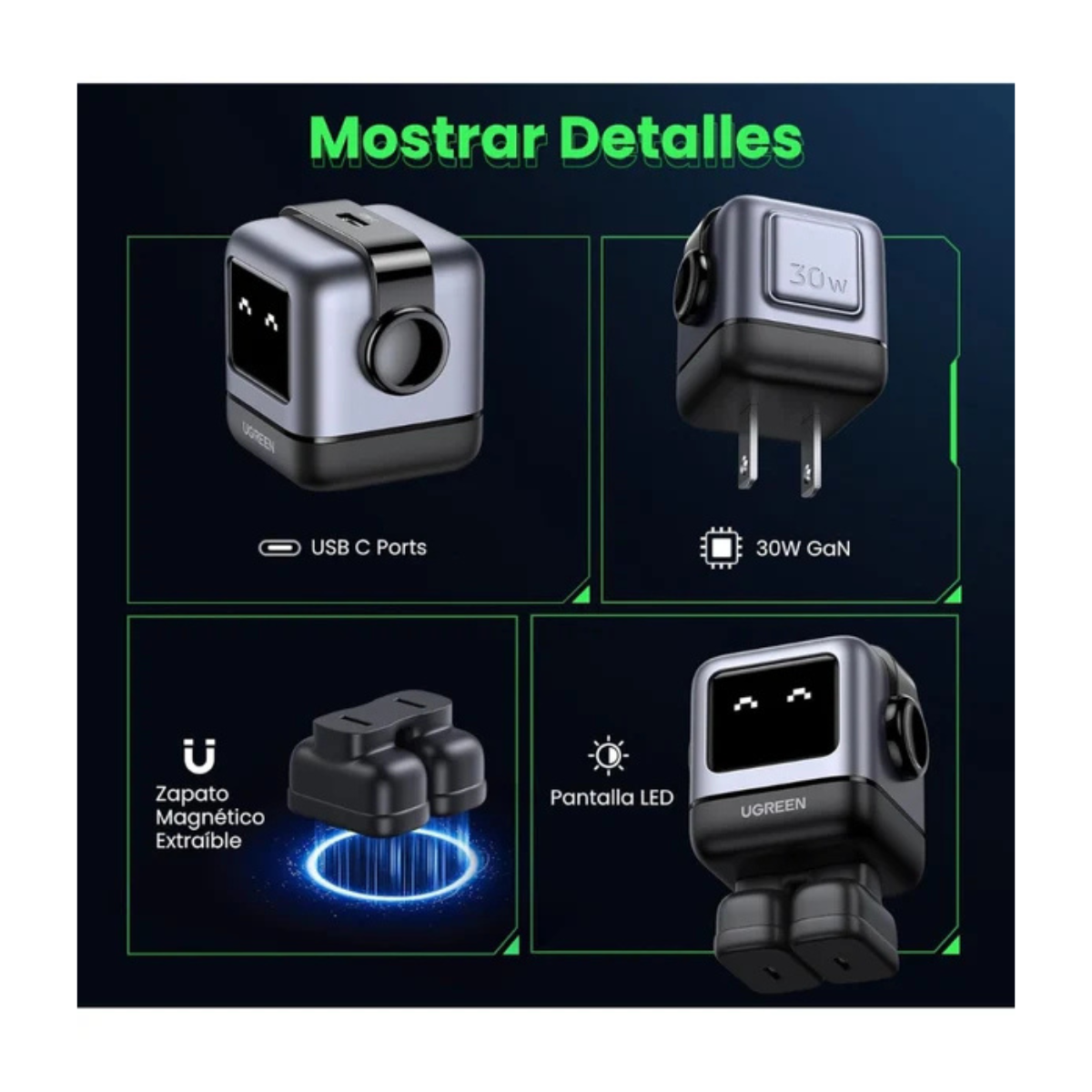 Adaptador Ugreen Nexode Robot 30w Usb-c Pd GaN Rápido Gris