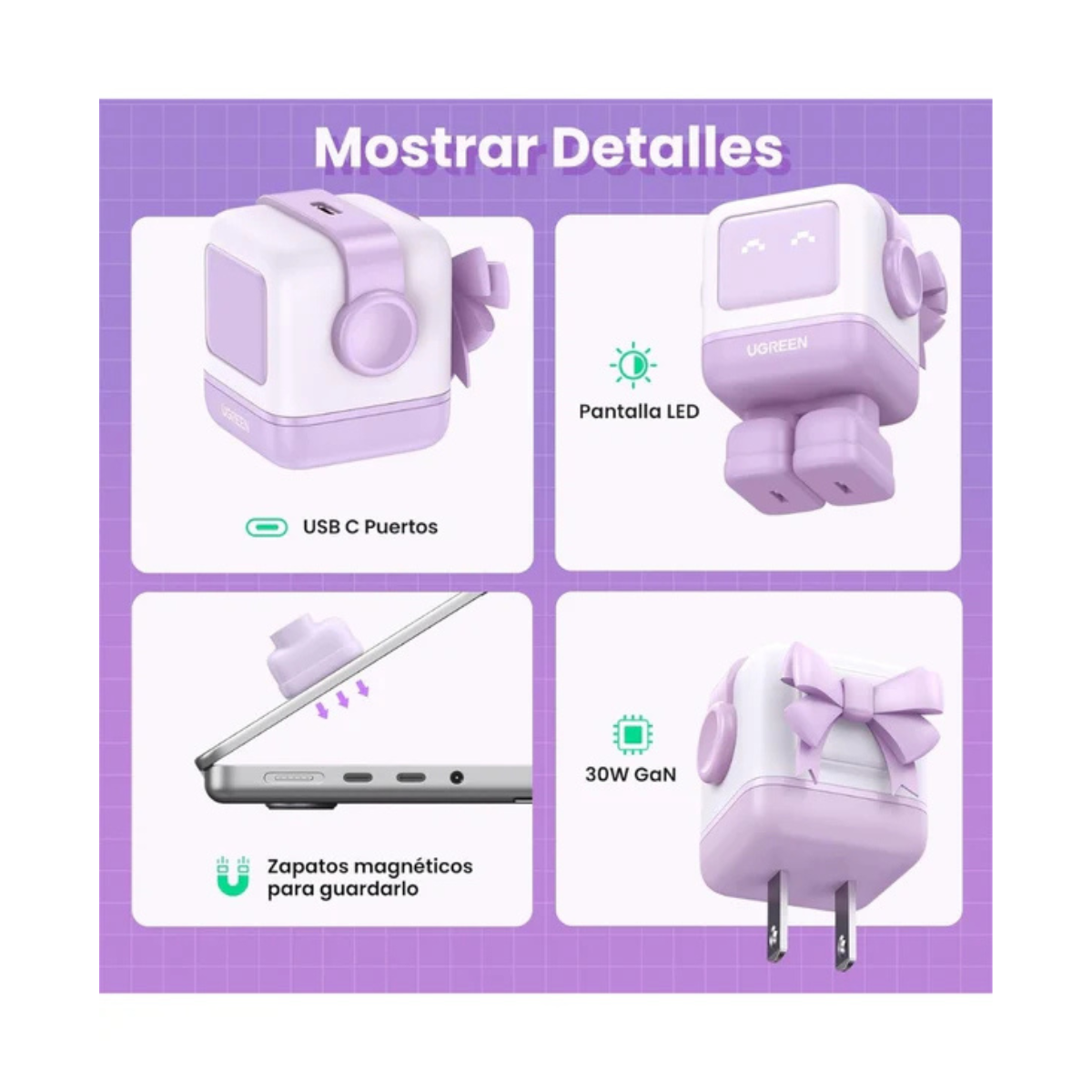 Adaptador Ugreen Nexode Robot 30w Usb-c Pd GaN Rápido Morado