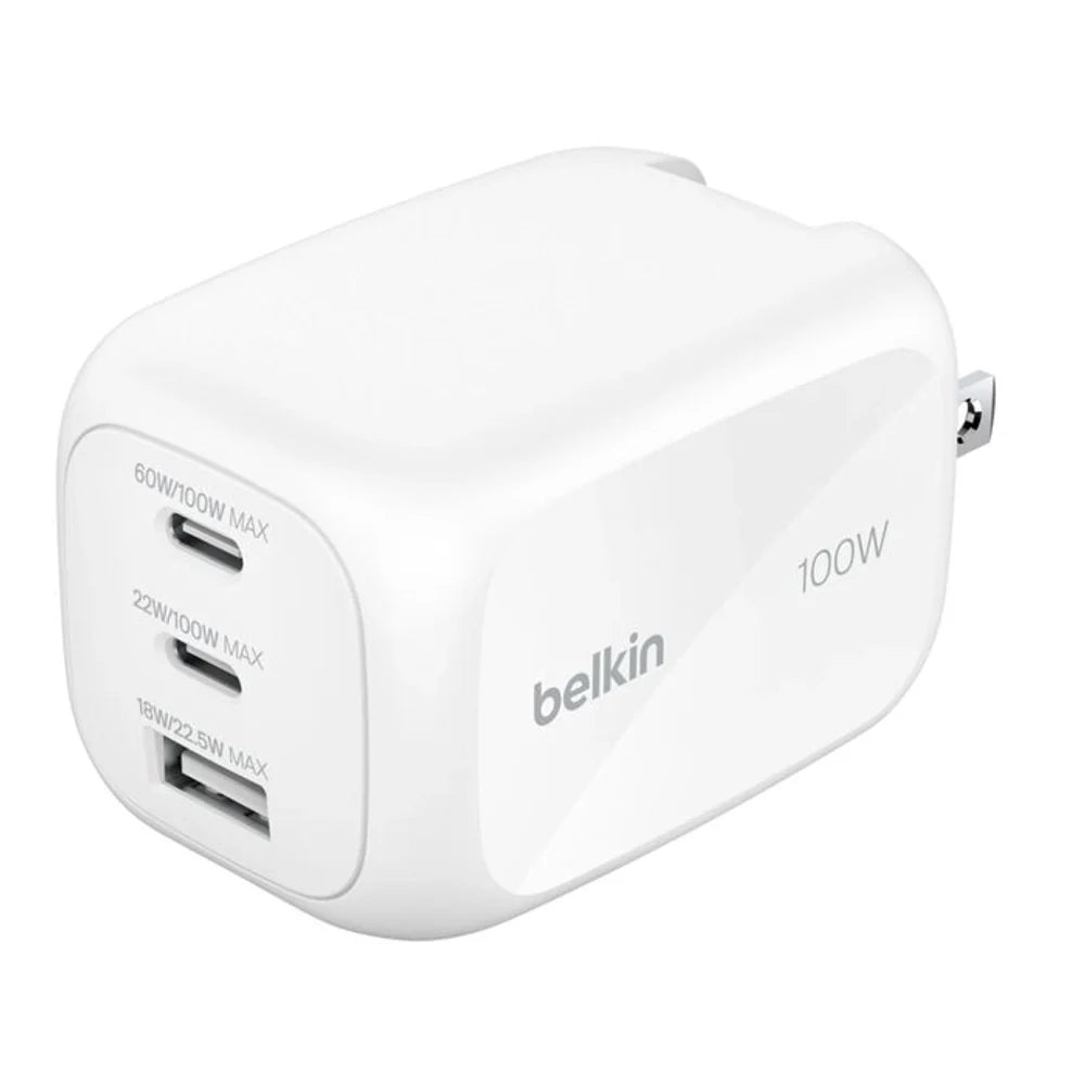 Adaptador Belkin GaN de 3 Puertos (2 USB-C/1 USB-A) 100W - Blanco
