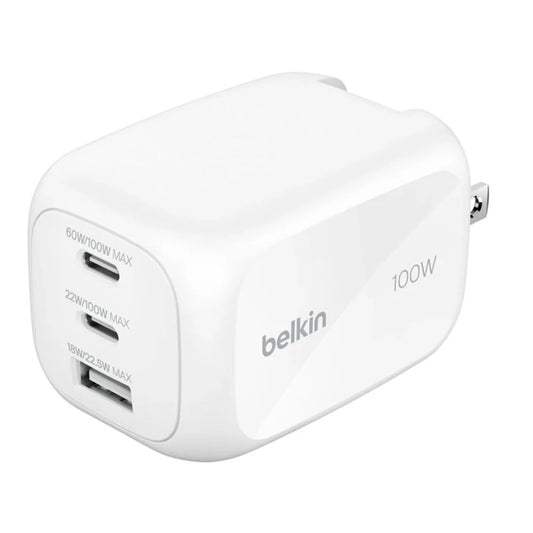 Adaptador Belkin GaN de 3 Puertos (2 USB-C/1 USB-A) 100W - Blanco