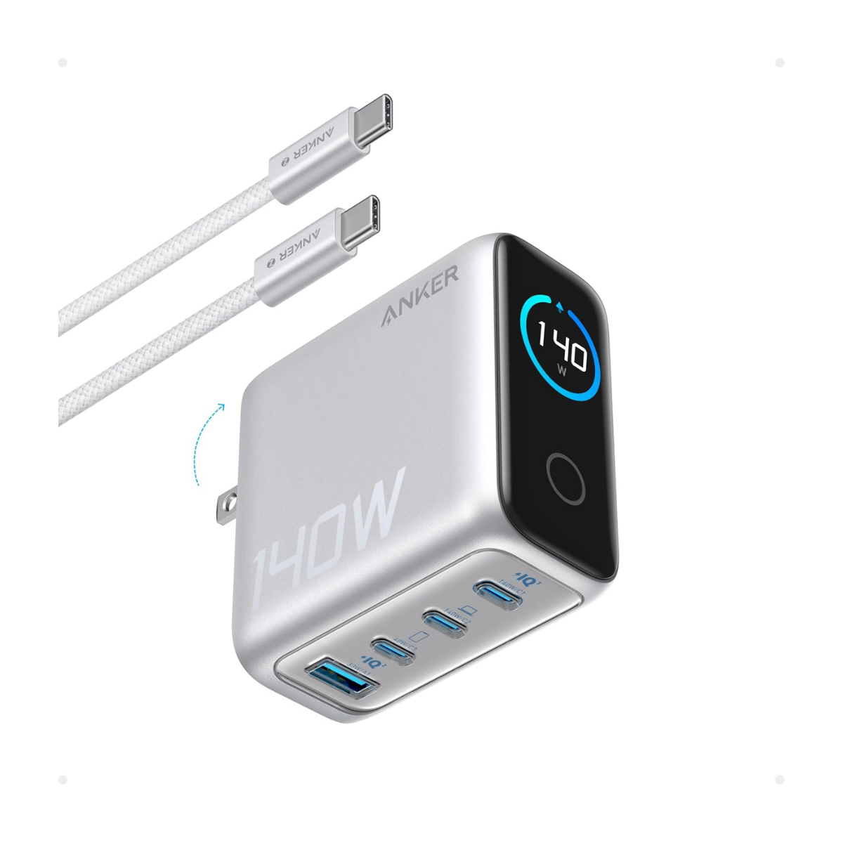 Cargador Anker Prime 140W GaN 4 Puertos USB-C y USB-A con Pantalla Inteligente