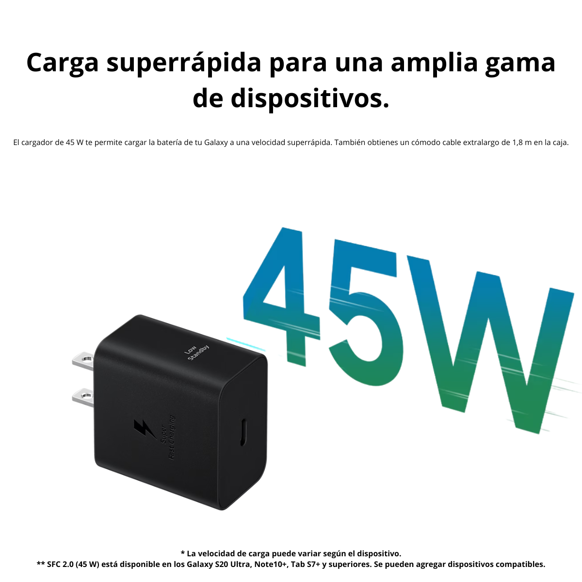 Cargador Samsung 45W Power Adapter Negro + Cable 1.8M | Original