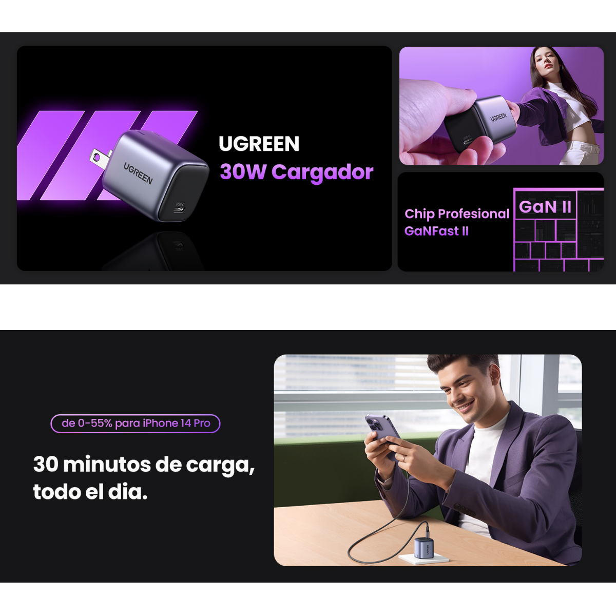 Adaptador de Carga Rápida UGREEN 30W Nexode GaN