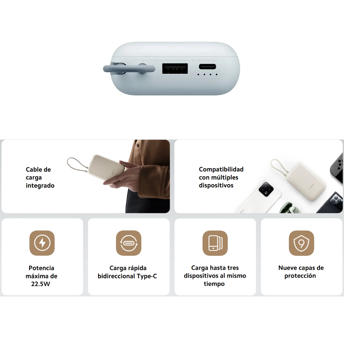 Xiaomi Power Bank🔋 10000mAh 22.5W – Cable integrado y carga rápida ⚡AZUL