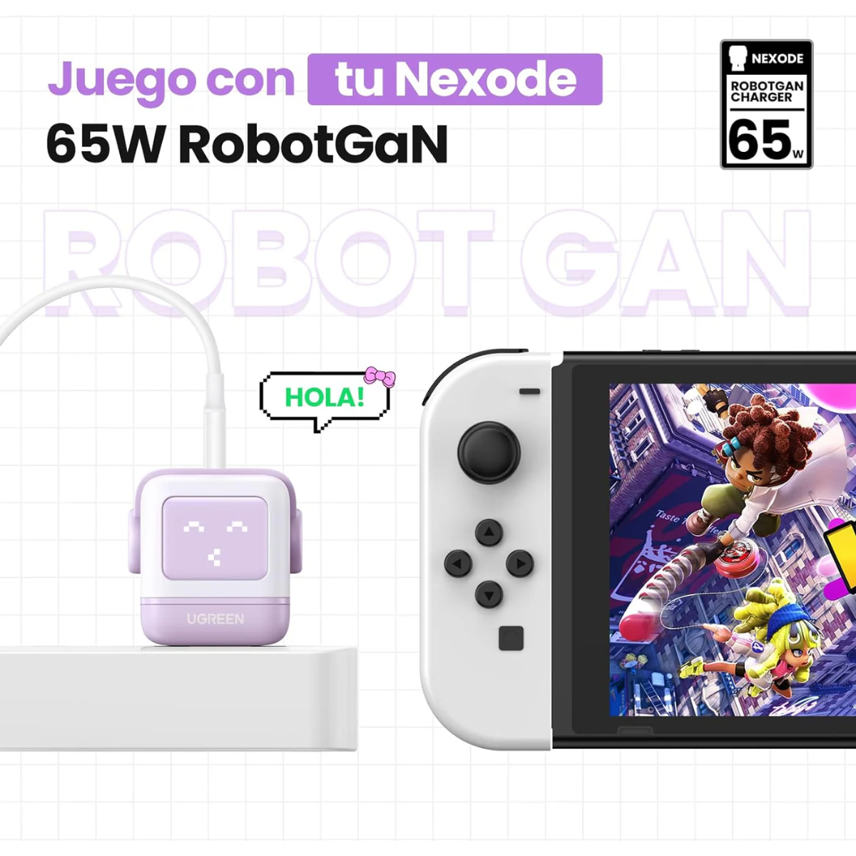 Adaptador UGREEN Robot Nexode 65W GaN de 3 Puertos Morado