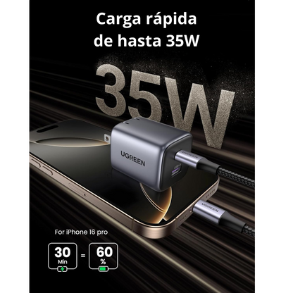 Adaptador UGREEN Nexode GaN 35W Rápido Compacto con 2 Puertos