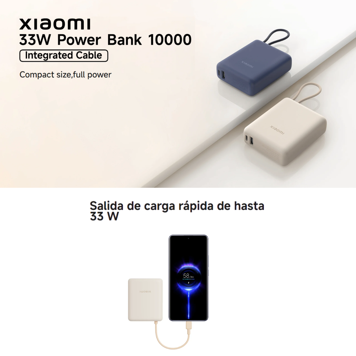 Xiaomi Power Bank 🔋 10000mAh 33W – Con cable integrado y carga turbo ⚡Beigs