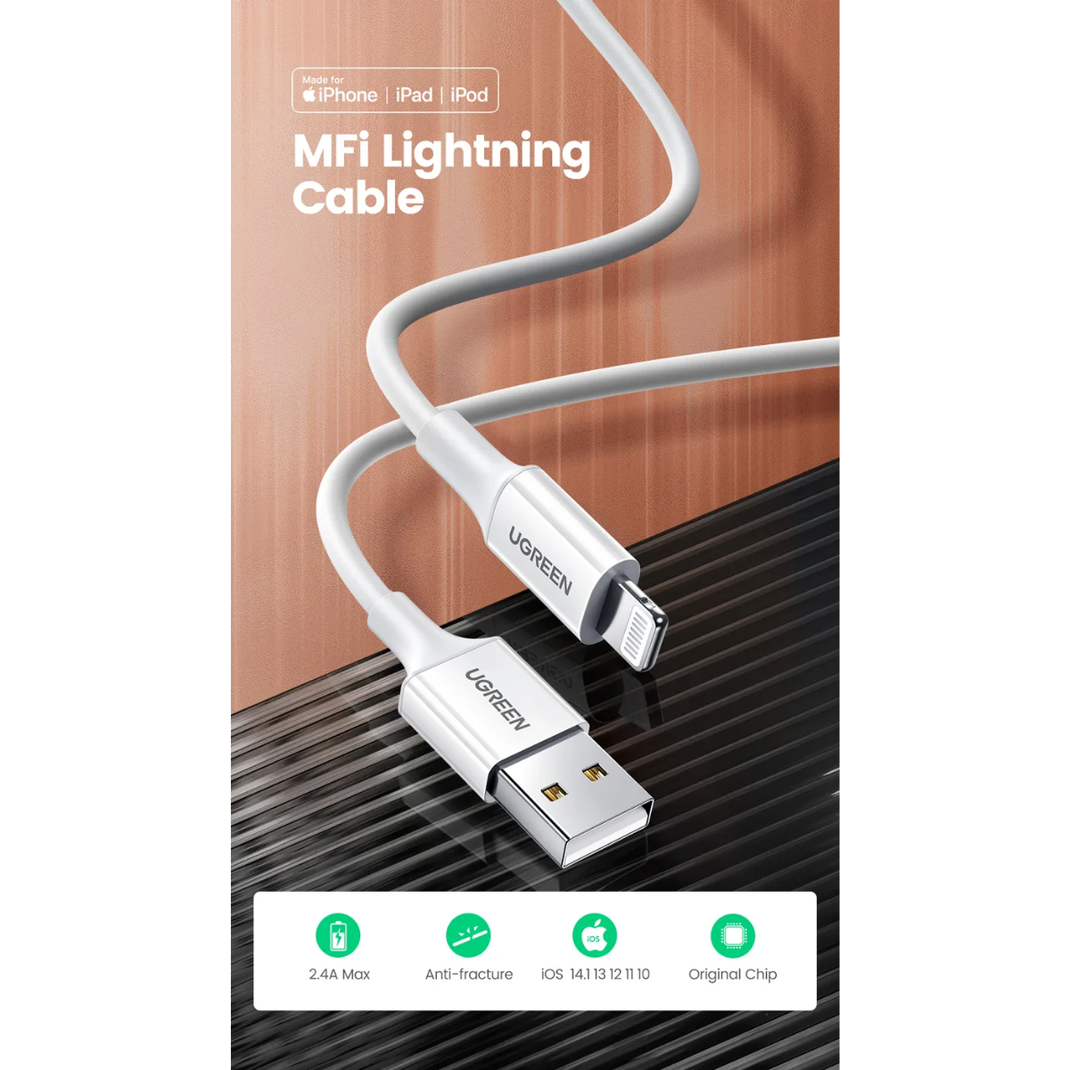 Cable UGREEN MFi Lightning 1M – Blanco Original | Carga Segura Apple