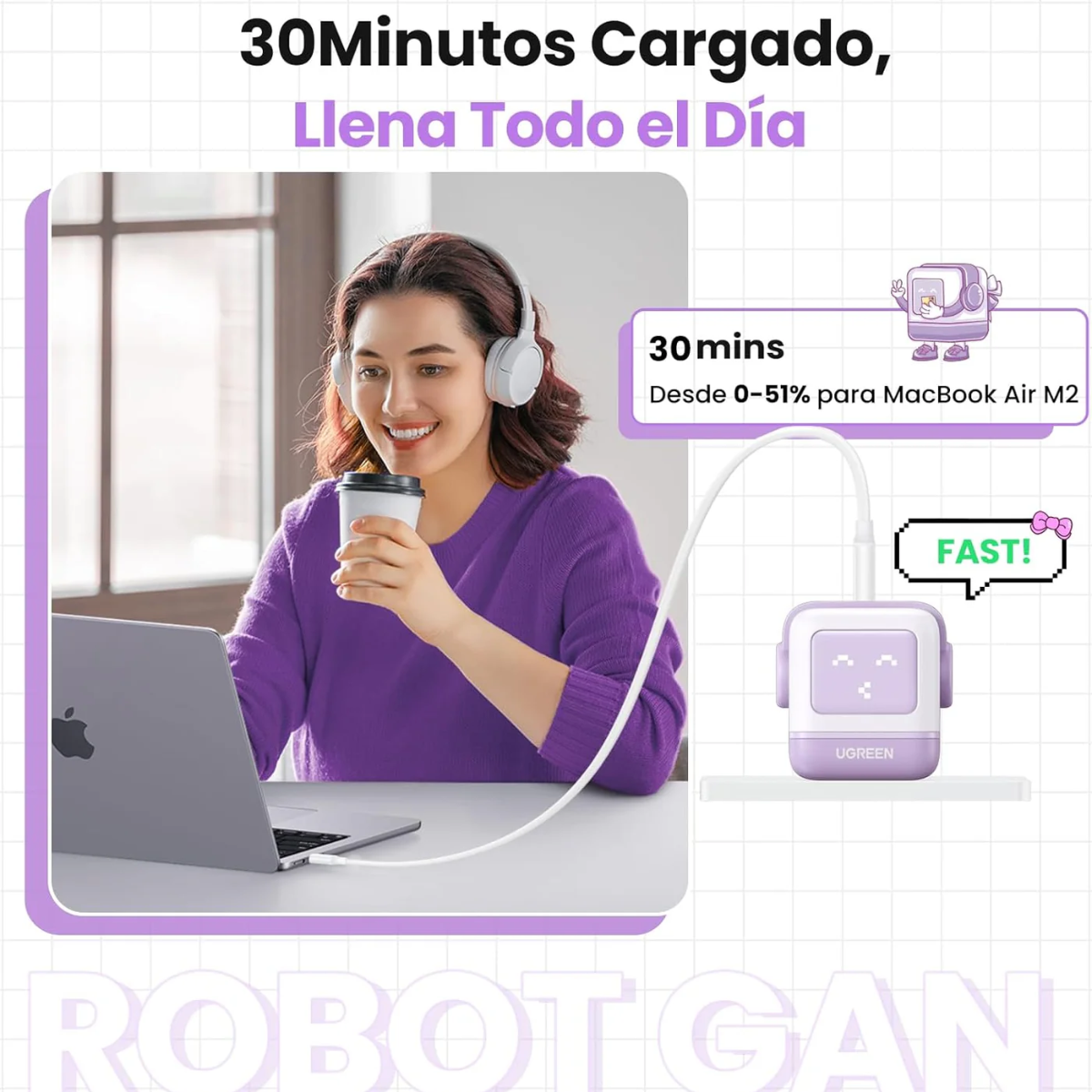 Adaptador UGREEN Robot Nexode 65W GaN de 3 Puertos Morado