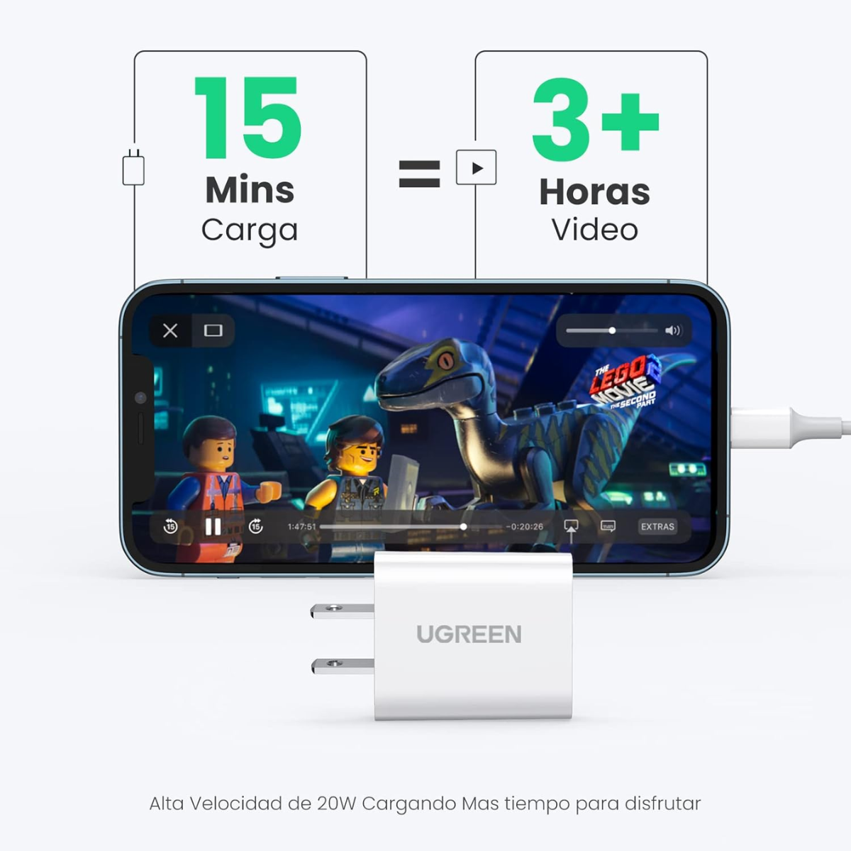 Cargador UGREEN 20W USB-C a Lightning | Certificación MFi – iPhone