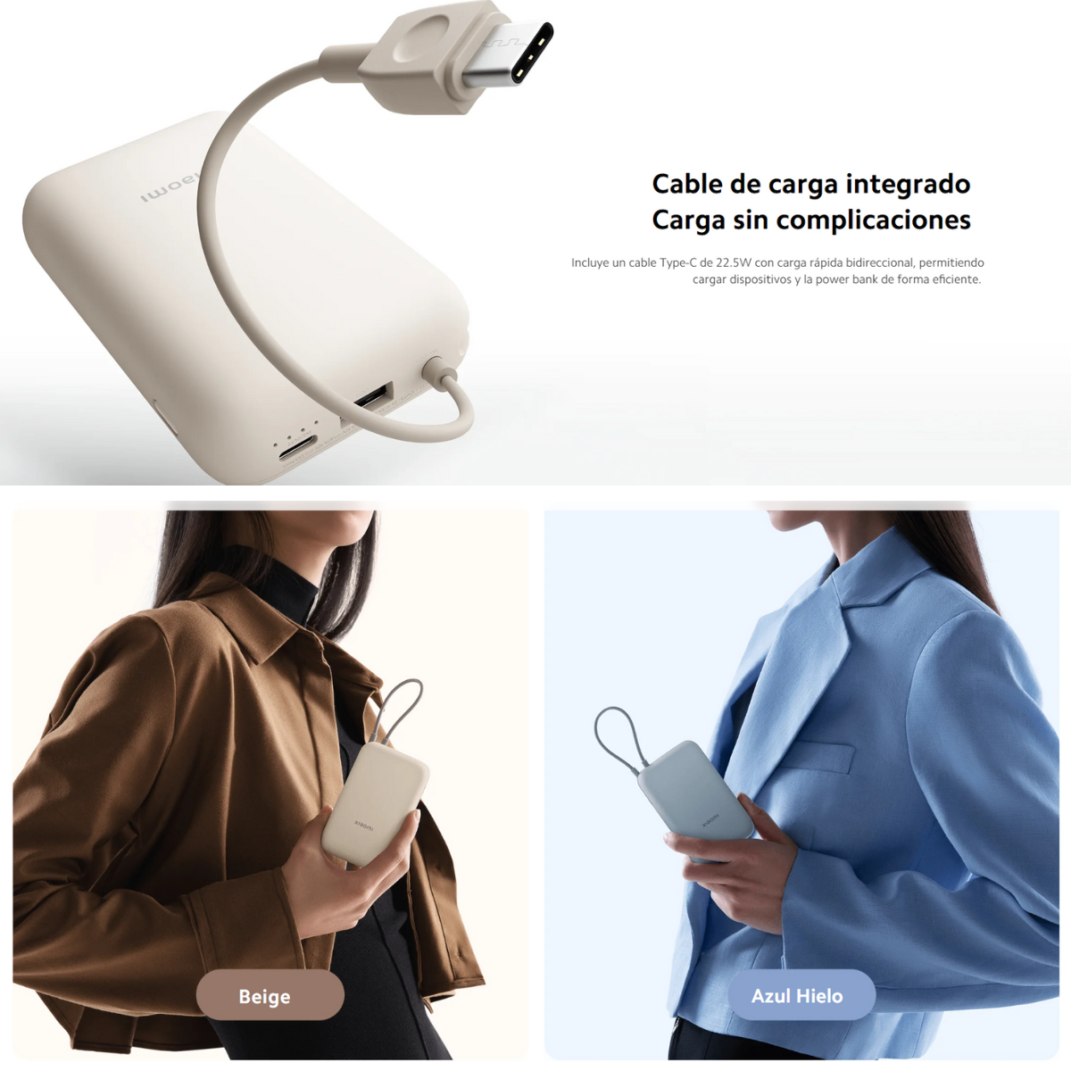 Xiaomi Power Bank🔋 10000mAh 22.5W – Cable integrado y carga rápida ⚡AZUL