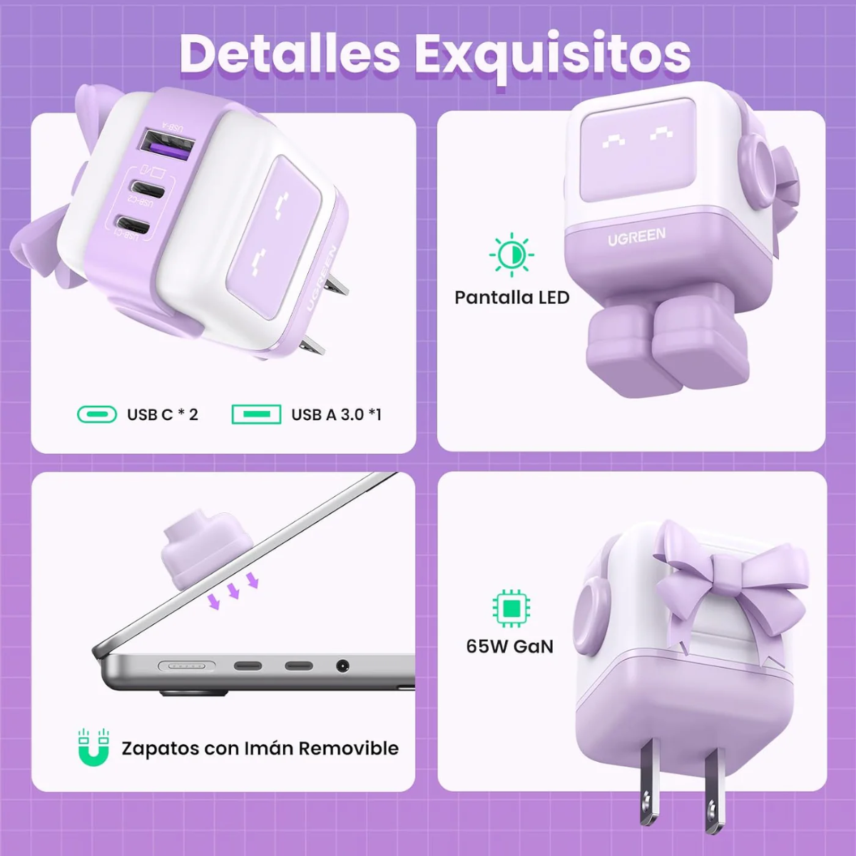 Adaptador UGREEN Robot Nexode 65W GaN de 3 Puertos Morado