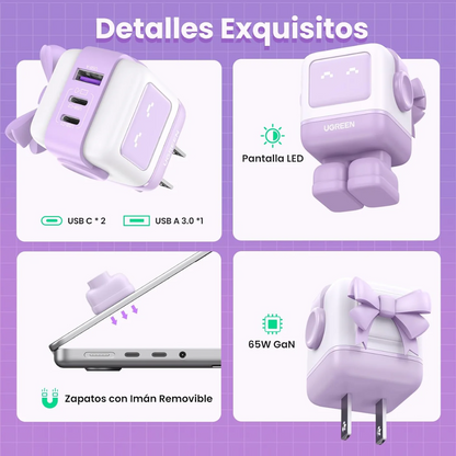 Adaptador UGREEN Robot Nexode 65W GaN de 3 Puertos Morado