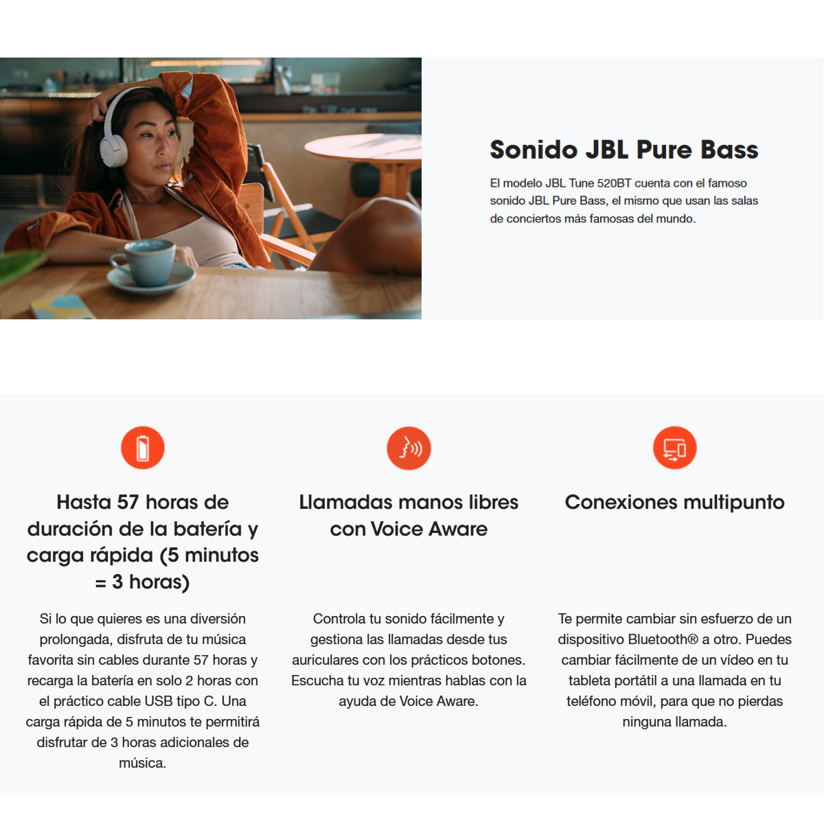 Diadema Bluetooth JBL Tune 520BT | Sonido JBL Pure Bass – Negro