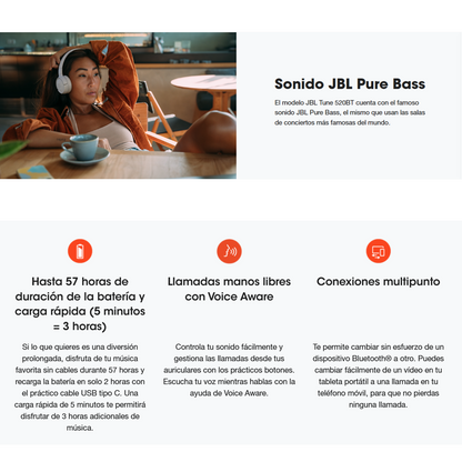 Diadema Bluetooth JBL Tune 520BT | Sonido JBL Pure Bass – Negro