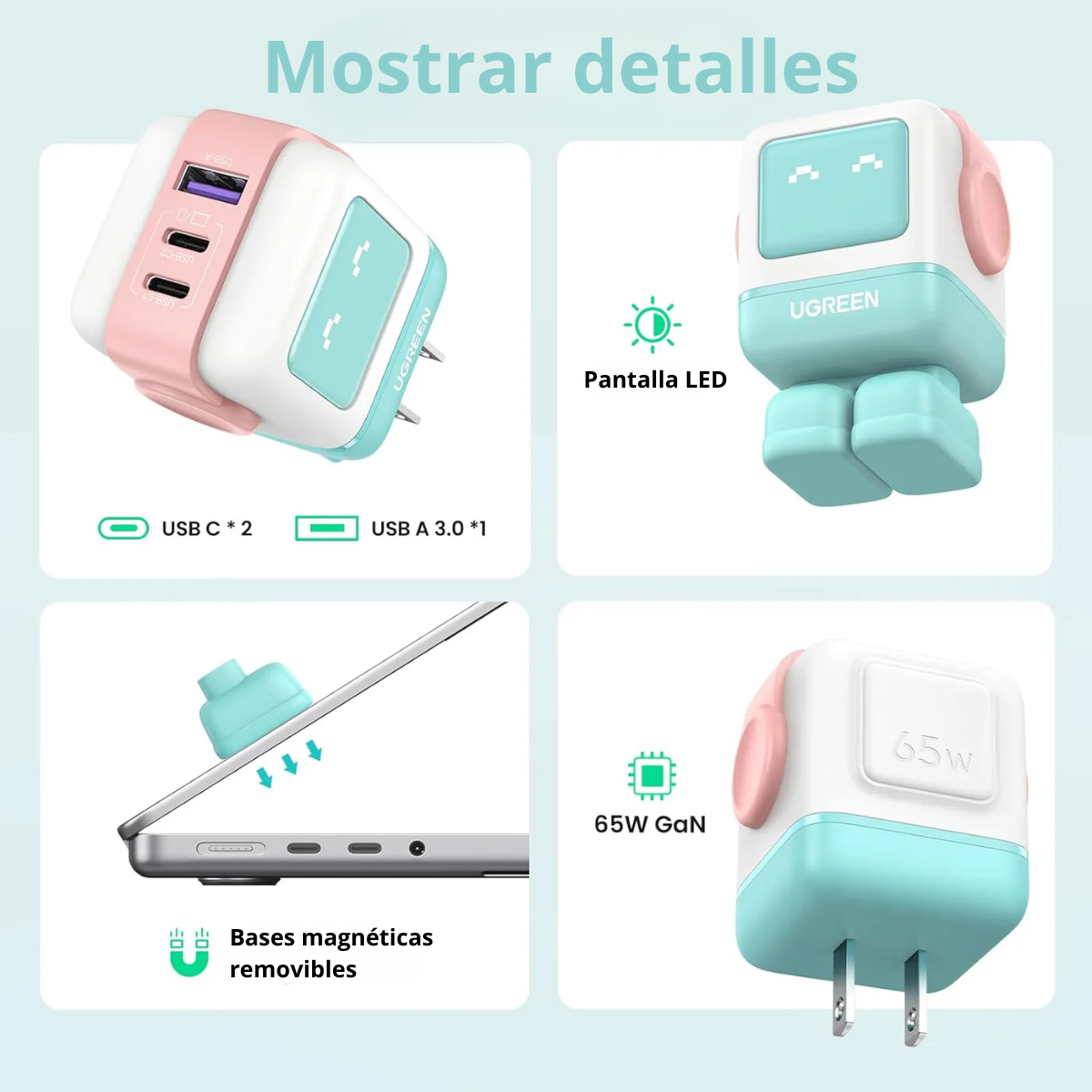 Adaptador UGREEN Robot Nexode 65W 3 Puertos USB-C + USB-A Azul