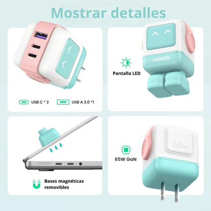 Adaptador UGREEN Robot Nexode 65W 3 Puertos USB-C + USB-A Azul