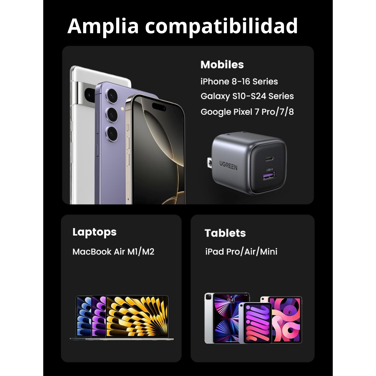 Adaptador UGREEN Nexode GaN 35W Rápido Compacto con 2 Puertos