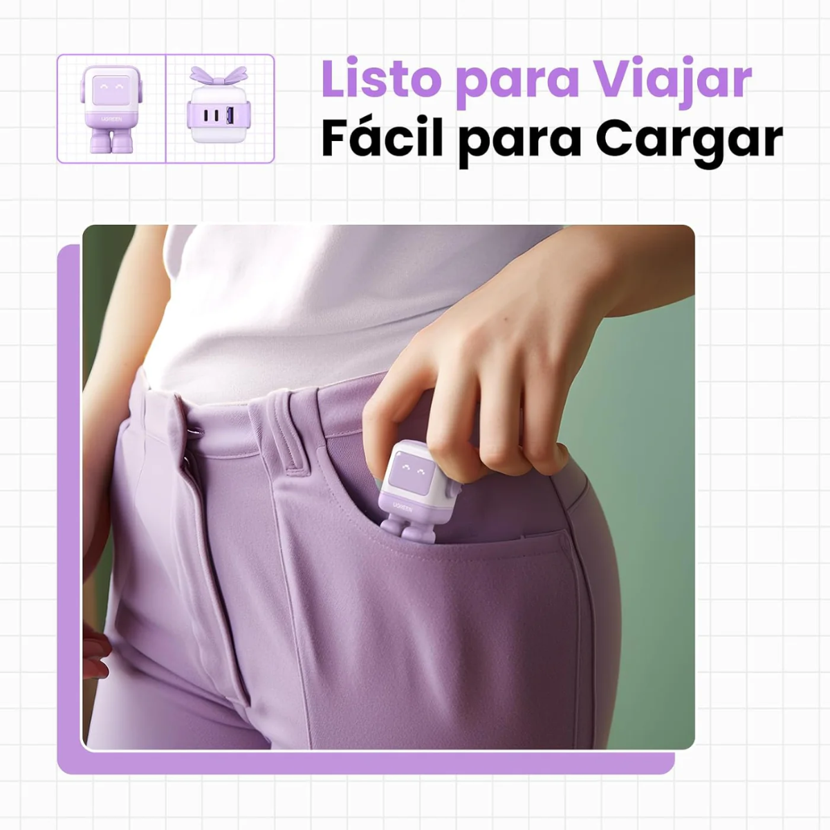 Adaptador UGREEN Robot Nexode 65W GaN de 3 Puertos Morado