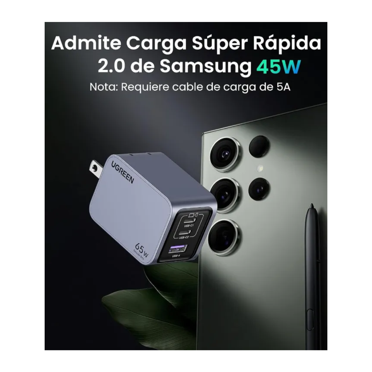 Cargador UGREEN 65W Nexode Pro | Carga rápida GaN – Gris