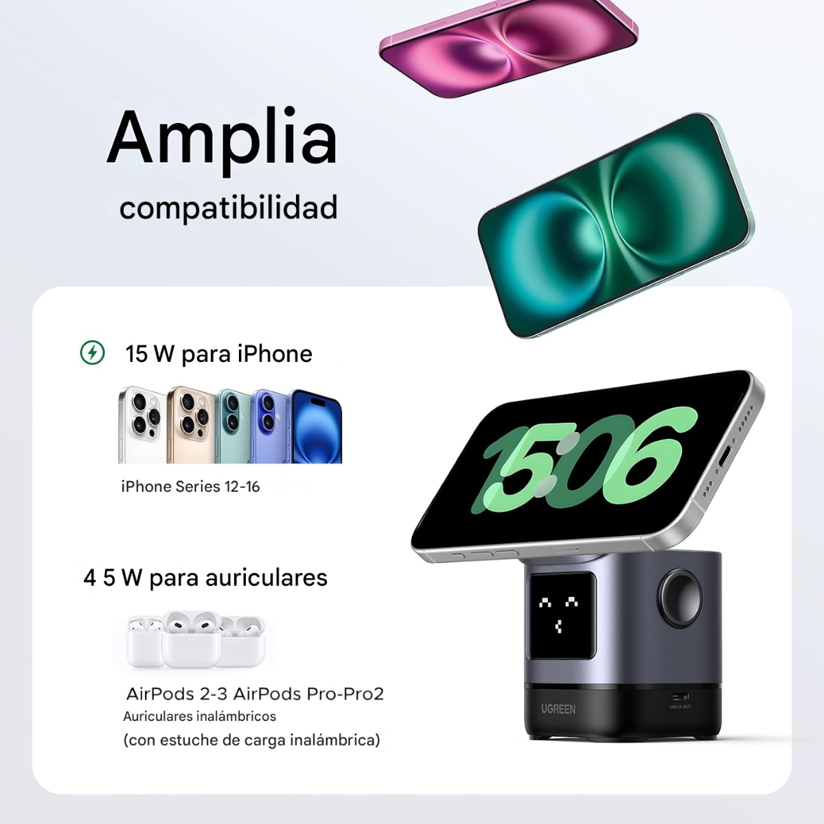 UGREEN Uno 2-in-1 Qi2 🌀| Carga Inalámbrica Magnética 15W + Soporte