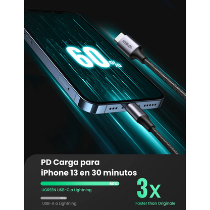 Cable UGREEN USB-C a Lightning 60W MFi – 1 Metro Gris