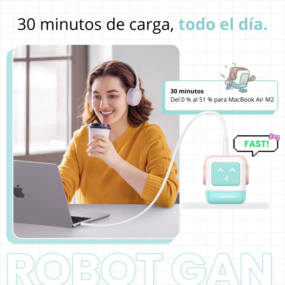Adaptador UGREEN Robot Nexode 65W 3 Puertos USB-C + USB-A Azul