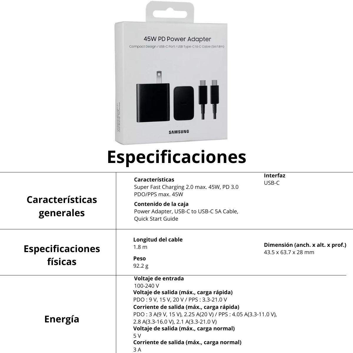 Cargador Samsung 45W Power Adapter Negro + Cable 1.8M | Original