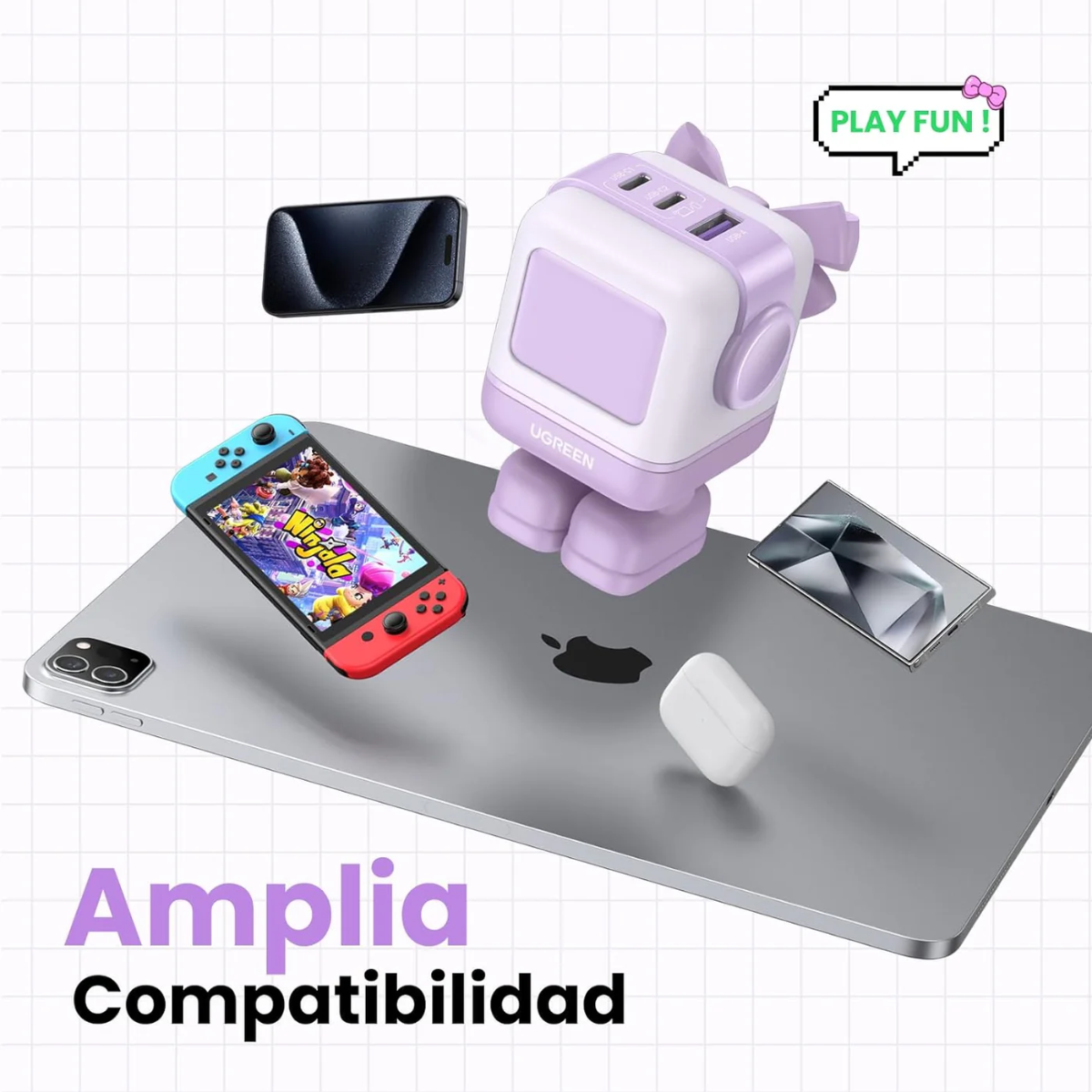 Adaptador UGREEN Robot Nexode 65W GaN de 3 Puertos Morado
